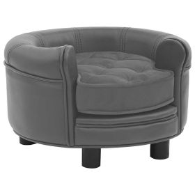 Dog Sofa Grey Faux Leather, Plush, Solid Fir Wood 18.9x18.9x12.6 in