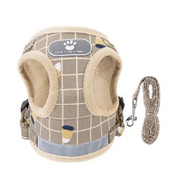 Pet Mesh Harness Dog Leash Set Reflective Chest Strap Adjustable Puppy Vest For Puppies Breeds Dogs Cats Walking Outdoor (Option: KhakiCheckered_S)